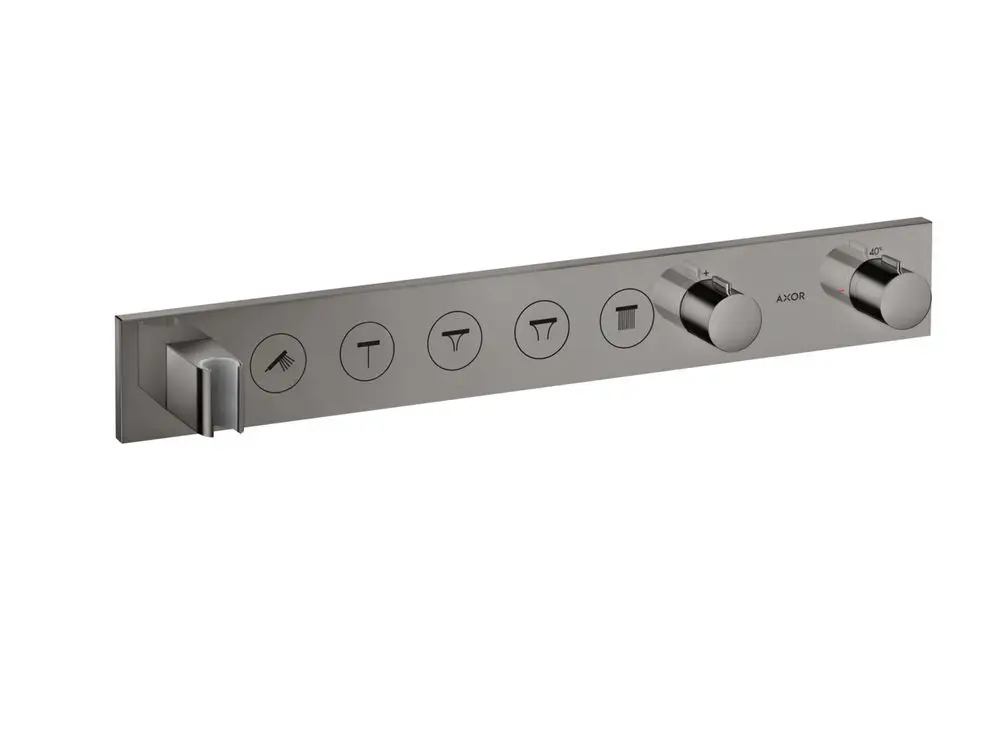 Thermostatmodul von AXOR mit Steuerungselementen zur Regelung von mehreren Wasserverbrauchern, in polierter schwarzer Chrom-Oberfläche.